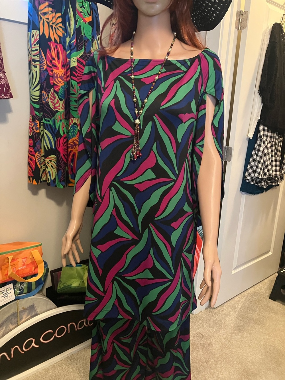 Abstract Wave Print Maxi Dress in Green, Purple & Blue